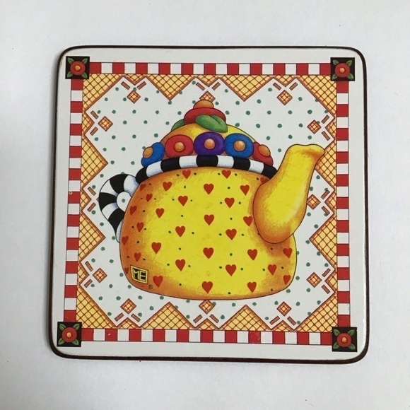 Mary Engelbreit Teapot Coasters Cork Back 4” Square Box SET OF 6 Vintage Cottage - Picture 10 of 16